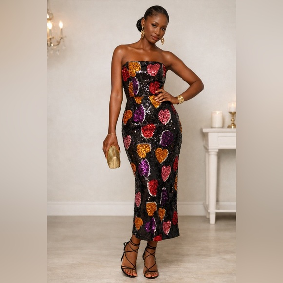 Blackheart Dresses & Skirts - Helsi Black Strapless Sequin Heart Gown Maxi Dress Glam Valentine’s Size XS NWT